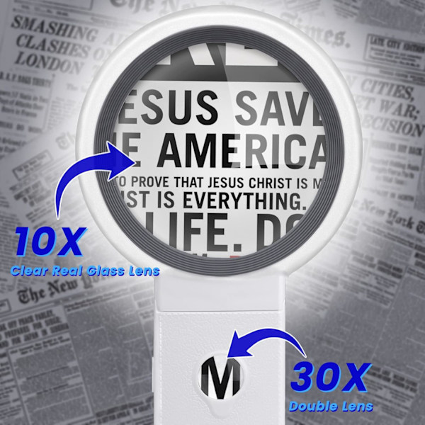 30X 10X Förstoringsglas med Ljus och Stativ, Fällbart Handhållet Förstoringsglas