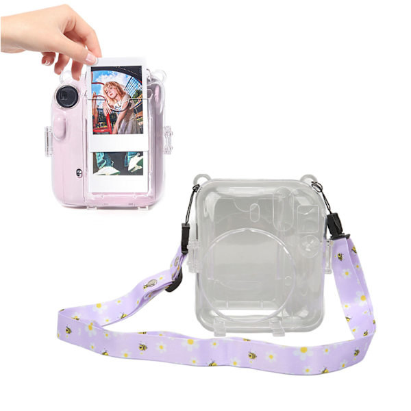 Instant Kamera Holster Kit Skulderrem Sticker Kamera Holster Holdbar Kamera Beskyttelse Transparent Holster til Instax Mini 12 Lilla