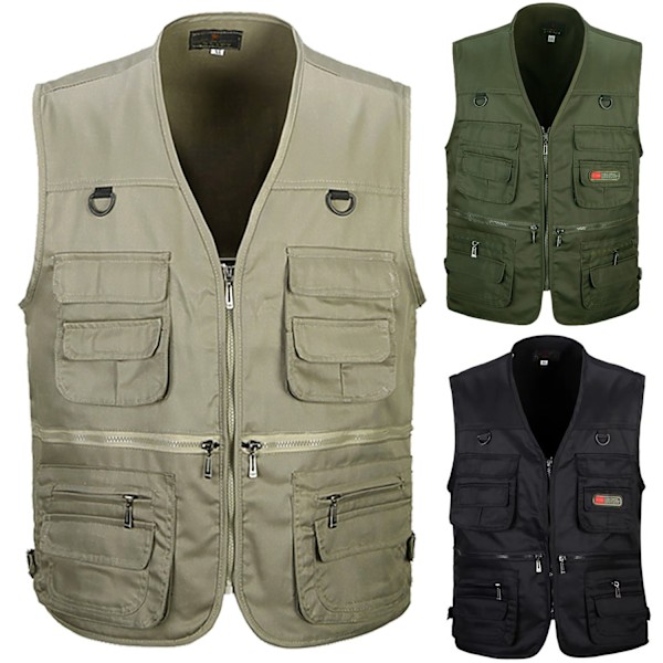 Herre utendørs fiskevest jakt fotturer utendørs vest lomme Khaki- Perfekt Khaki Khaki XL