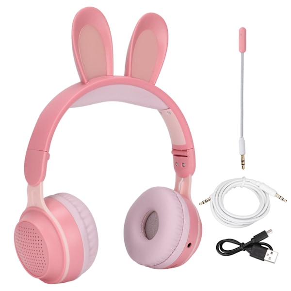 Kaninöron Bluetooth 5.0 Hörlurar Vikbara Trådlösa Hörlurar med LED-Färglampa för PC-surfplatta Onlineinlärning Rosa