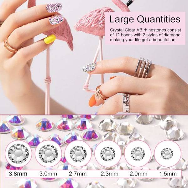 AB Nail Art Rhinestones Dekorasjoner Neglesteiner for Nail Art Tilbehør og Klare Krystall Strass med Pick Up Pinsett og Rhinestone Picker