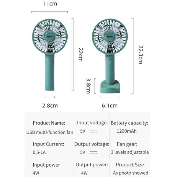Monitoiminen kannettava muovinen sähkökäyttöinen akkuvirtalähde USB-ladattava kädessä pidettävä minituuletin Green