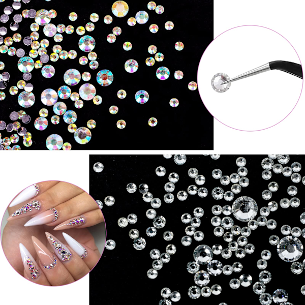 Rhinestones i 6 størrelser Gems-Nail Art Gems med plukkepinsett og Rhinestone Picker Dotting Pen