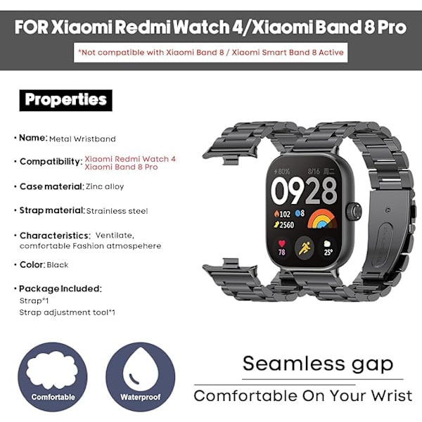 Kompatibel armbånd for Xiaomi Redmi Watch 4/Xiaomi Mi Band 8 Pro, armbånd i rustfritt stål, justerbar spenne