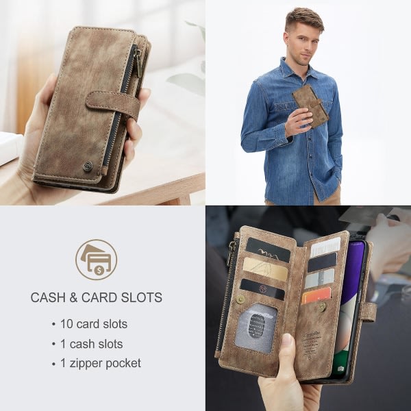 SQBB Etui til Samsung Galaxy A22 5g Cover Wallet Holdbar PU Læder Magnetisk Flip Lynlås Kortholder - Brun Brun ingen