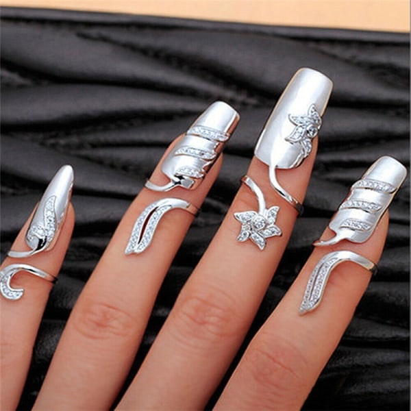 Rhinestone Negle Ring Fingertip Justerbar Åbning Neglekunst Smykker Tilbehør Til Kvinder Piger, Sølv