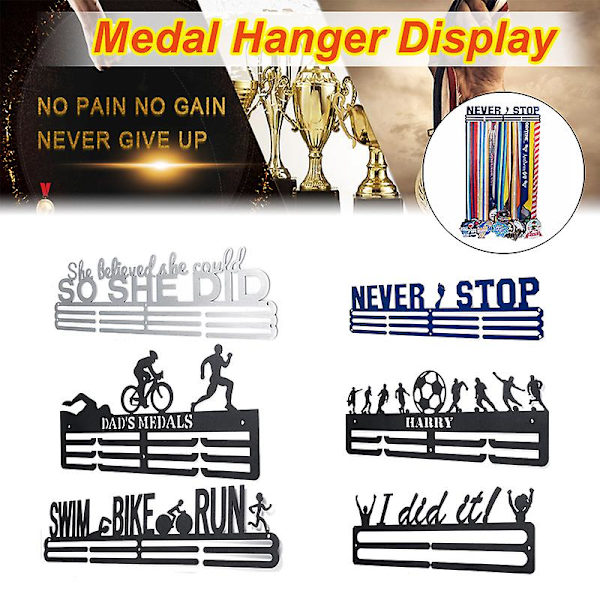 \"Never Stop & I Did it\" Inspirerande Medaljhållare för Löpning och Simning - Väggmonterad Display med Monteringskit och Skruvar - Svart NO LIMITS