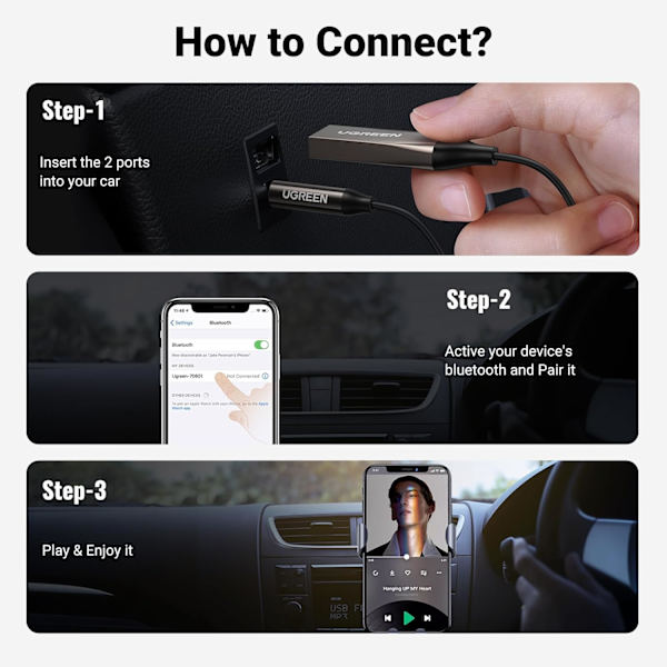 Bluetooth 5.3-adapter for bilens AUX-inngang - Mottaker med innebygd mikrofon for håndfri samtaler, kompatibel med bilhøyttalere og hjemmelyd