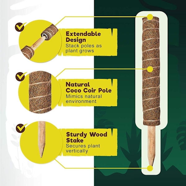 4 st 41CM klätterväxtstöd, kokosfiberstöd Monstera växtmossa naturliga växtstöd med 20M roterande remsor