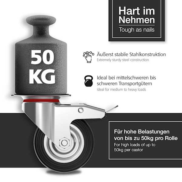 Castor Set om 4 100mm Swivel Castors med Broms - Möbelhjul upp till 50 kg Var - Hög Belastning - Inomhus och Utomhus Gummi - Industrihjul