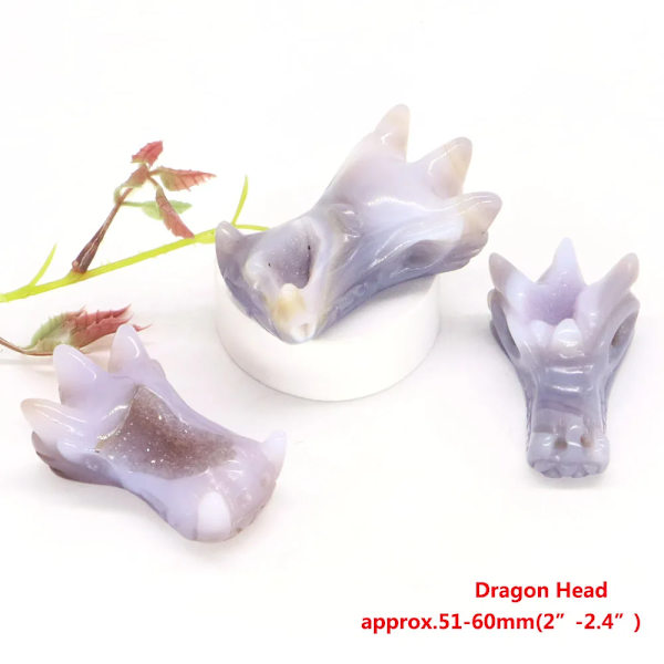Svan Örn Huvud Fisk Uggla Pingvin Staty Naturlig Sten Grå Agat Geode Healing Kristall Snidning Djur Figurer Hantverk Heminredning Drake Huvud Dragon Head 3 pcs