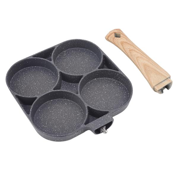 4-huls stegepande non-stick varmebestandig omeletpande til pandekager hamburger køkken tilbehør træstruktur til gas og induktion komfur sort 0.7