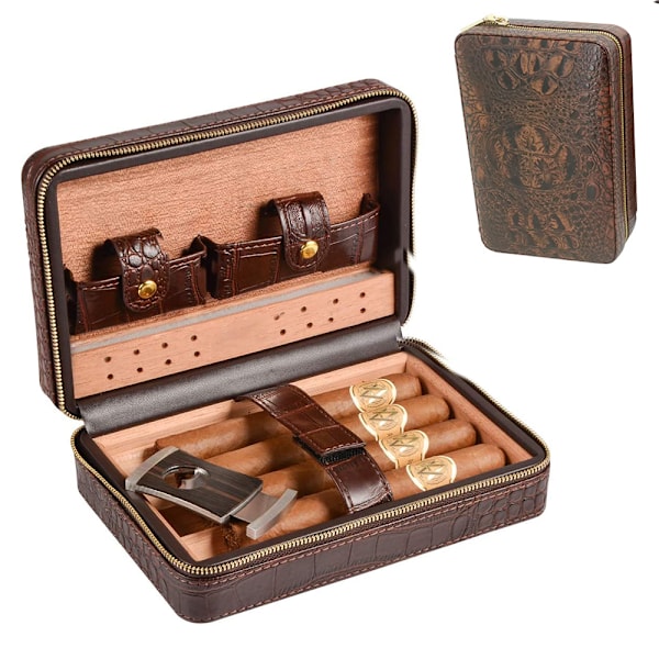 Læderkuffert Cigar Humidor Etui, Bærbar Cedertræ med