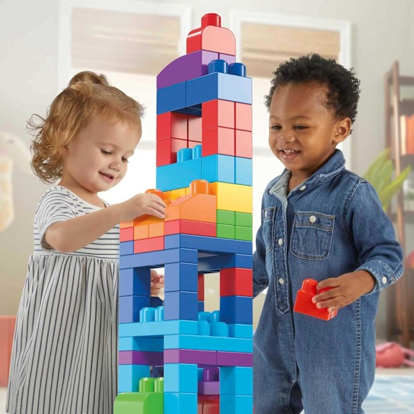 MEGA BLOKS First Builders Toddler Blocks Leksakssats, Stor Byggpåse med 80 Bitar och Förvaring, Blå, Ålder 1+ År