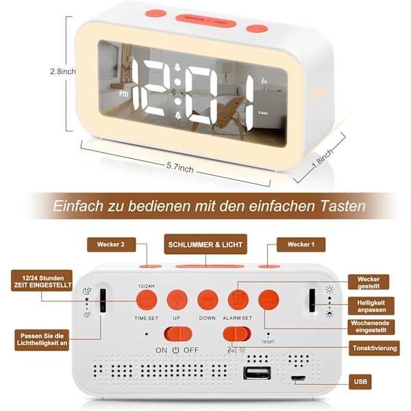 Digital väckarklocka, LED-väckarklocka med justerbar nattlampa Snooze 12/24 timmar USB sovrum sängbord vit