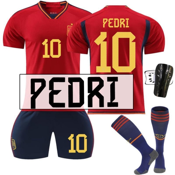 22-23 Spanien hjemme rød nr. 9 Gavi 7 Morata 10 Pedri 17 Fati VM fodboldsæt 10 Pedri,socks + protective gear #28