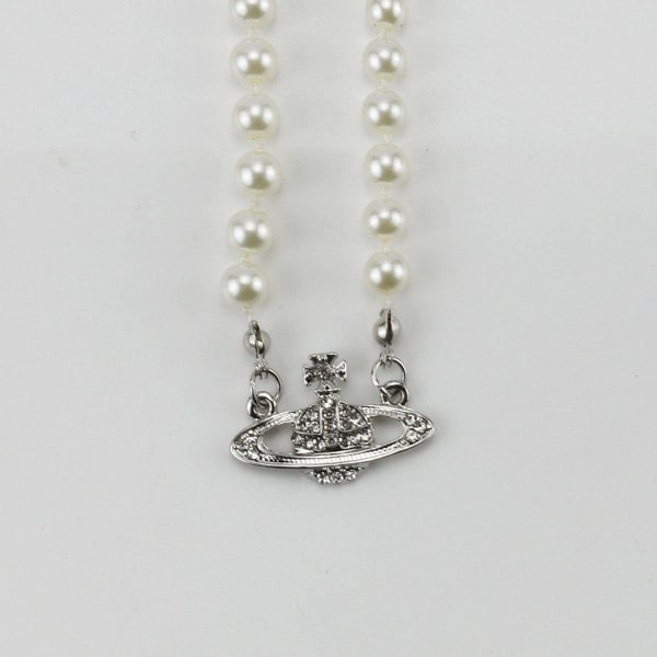 Pearl Necklace Armband Set, Vintage Rhinestone Saturn hänge