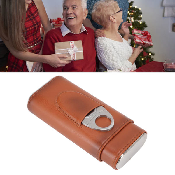 Fingers Jern Cigar Etui med Bærbar Blød Blankt Læder Cigarholder med Cutter til Rejser Brun