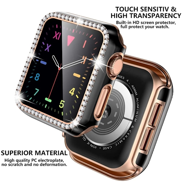 Bling Glass+ deksel for Apple Watch Case 45mm 41mm 40mm 44mm 42mm 38mm Diamant støtfanger+skjermbeskytter iwatch serie 7 9 8 5 6 SE B rød ro Broad rose 44mm Series 654 SE