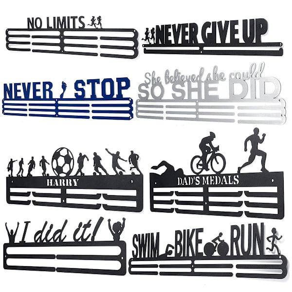 \"Never Stop & I Did it\" Runner Inspirerende Løb og Svømning Vægmonteret Medaljeophæng Display Holder med Vægmonteringssæt og Skruer - Sort NO LIMITS