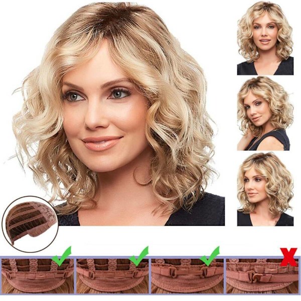 Kvinnor Blond Wave Bang Peruker Ombre Kort Hår Lockiga Dam Blond Blonde 35cm