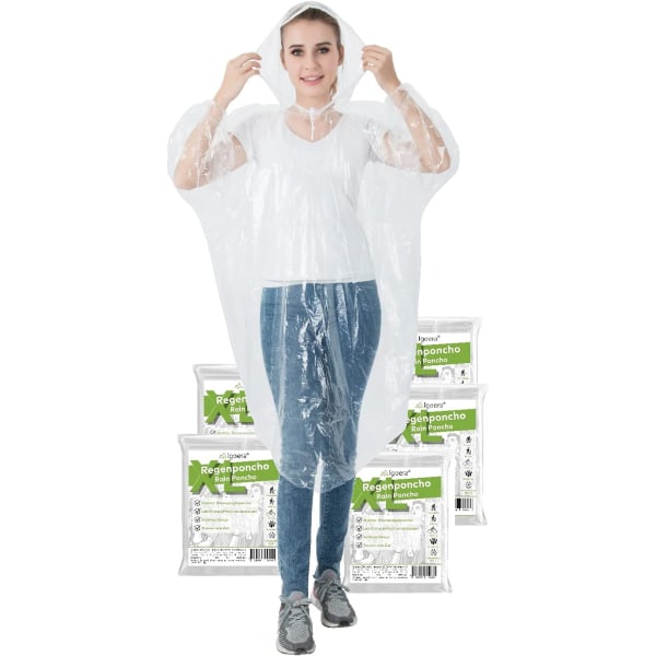 Regnponcho för engångsbruk XL transparent, förpackning med 5 regnkappor