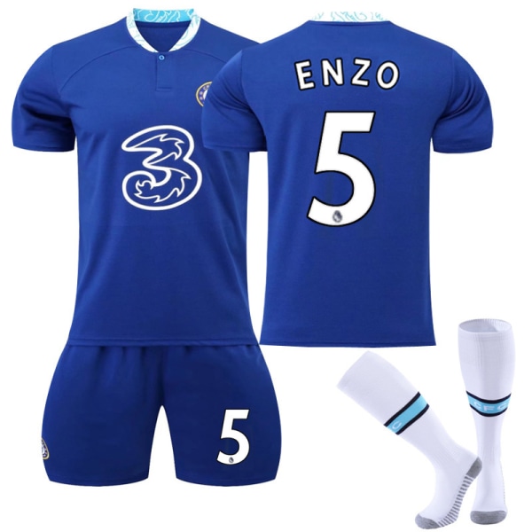 22-23 Chelsea hemma nr 9 Aubameyang 7 Kante 10 Pulisic fotbollsuniform set 19 Mount jersey No. 5 Enzo + socks #M