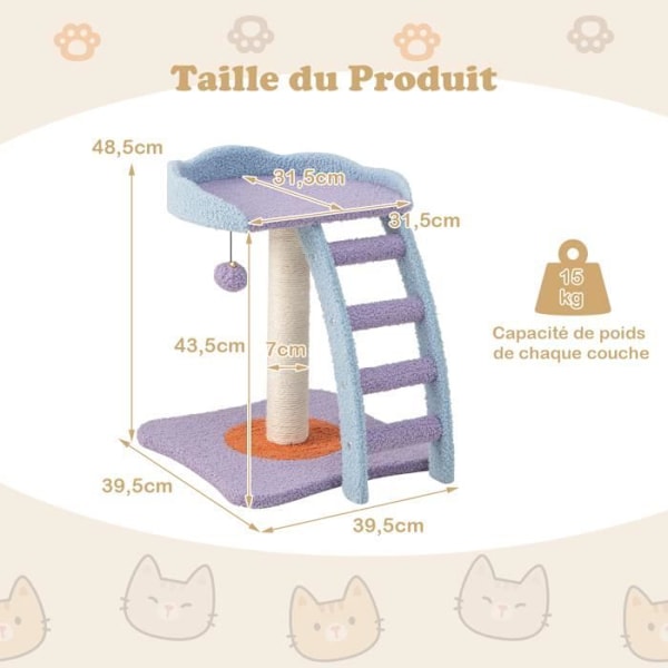 COSTWAY 48,5 cm Pieni Iso Alusta Kissapuu, Kissannousijakeskus Plussapallon ja Kellon kanssa, Violetti