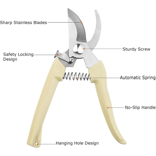 Trädgårdssax Sekatör Beskärningssax med Säkerhetslås Bypass Beskärare för Trädgårdsväxter Blommor Fruktgrenar Elfenben