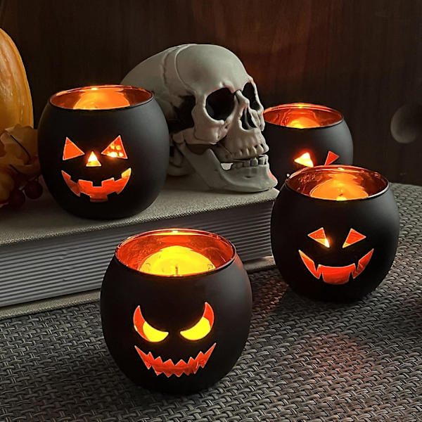 Halloween Borddekoration Set med 6, Jack O Lanterns Svarta Glas Votiv Tealight Ljusstakar, Halloween Dekorationer Inomhus Fest Mantel