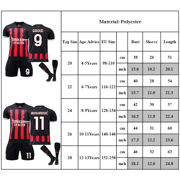 Rafael Leao #17 Fodboldtrøje Børnetrøje Ac Milan Trøje Fodbold VM Fodboldtrøje Sæt #19 #19 8-9Y