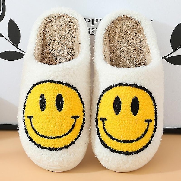 Retro Smiling Face Soft Plush Comfortable Warm Slip-on Slippers For Couples Winter Warm Indoor Accessories - Perfet White