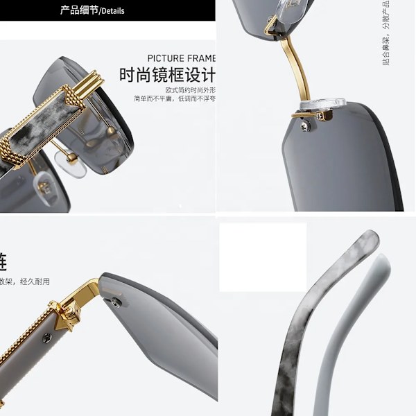 2024 Lyxiga märkesdesigner Diamantslipade Ramlösa Solglasögon Kvinnor Trä Färg Ram Liten Rektangel Män Solglasögon med Anpassad Logotyp C8 2024 New Rimless Sunglasses