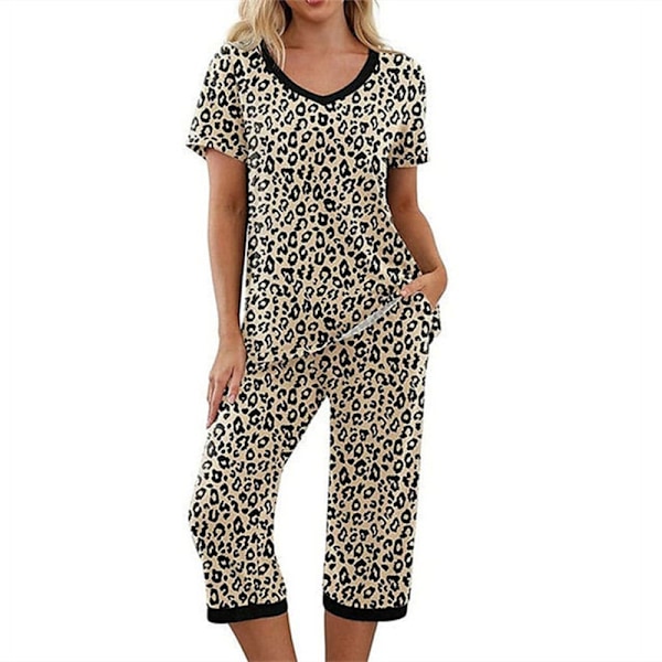 Naisten pyjama 2-osainen yöasu lyhythihainen T-paita ja capri-housut Khaki Leopardi Khaki Leopardi Khaki Leopard 3XL