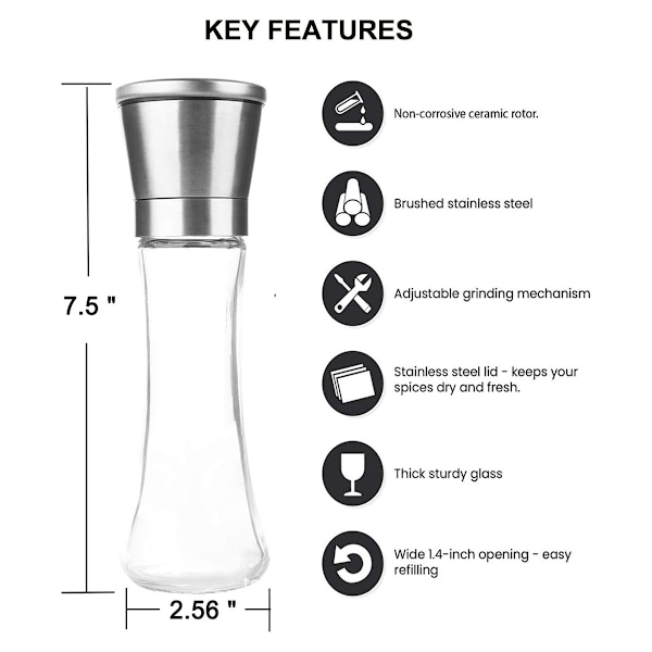 Etterfyllbar pepperkvern eller saltkvern, justerbar grovhet, børstet rustfritt stål lokk