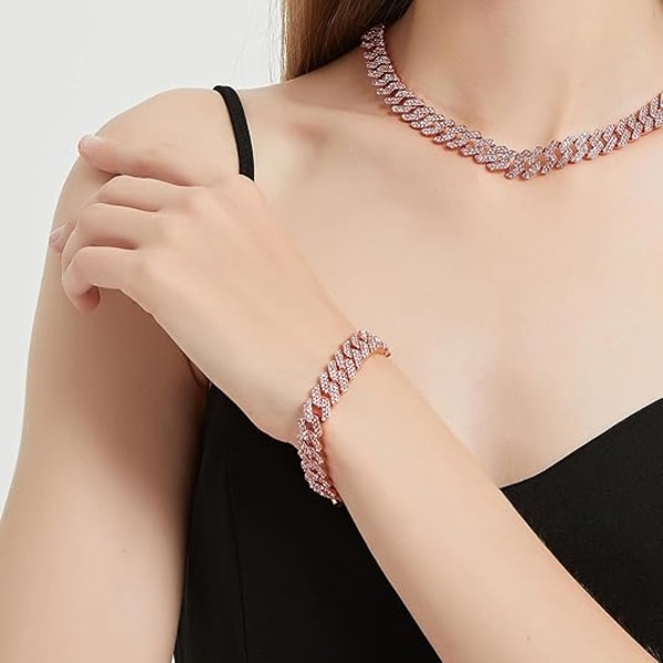 Cubansk lenkearmbånd for kvinner Diamant Miami Cubansk armbånd 12mm Rosa krystall Gull Sølv Iced Out Armbånd Bling Hip Hop Smykker for kvinner Gave
