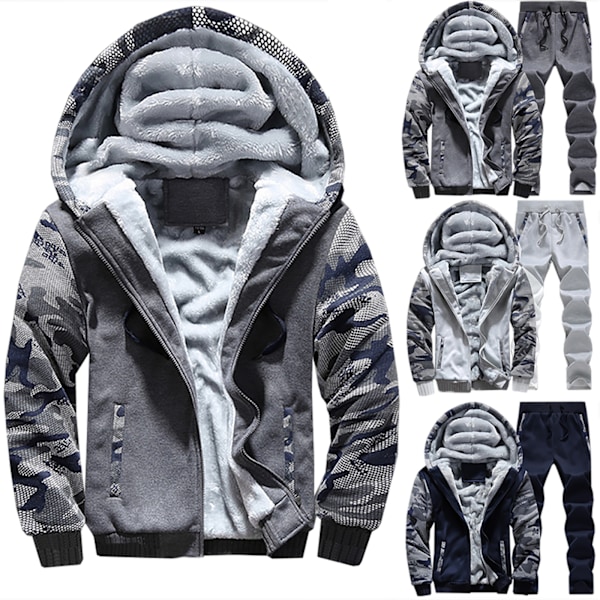 Män's Fleece Tracksuit Set Sport Huvtröja Topp Byxor Byxor Ljusgrå Light Grey 4XL
