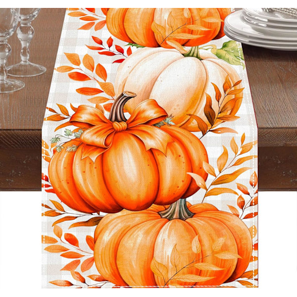 Pumpkins Leaves Fall Bordlöpare, Vit och Grå Buffalo Plaid Thanksgiving Bordlöpare, Säsongsbetonad Farmhouse Inredningsdekoration Höstdekorationer för Hemmet Pumpkins Leaves
