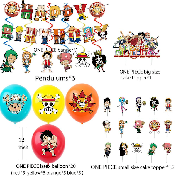 One Piece Anime Tema Födelsedagsfesttillbehör Latexballonger Banner Pendel Tårta Cupcake Toppers Set