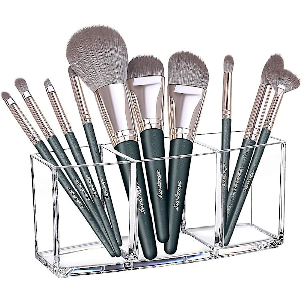 Akryl arrangør Sminkebørsteholder Oppbevaringsløsning klar clear 3 compartment