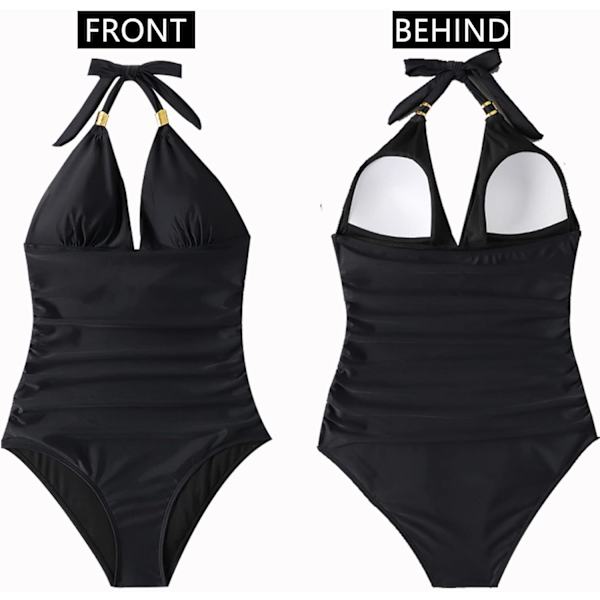 Kvinders Tummy Control One Piece Badedragt Slankning Badetøj V-hals Rygløs Ruffle Badetøj (XL Sort)