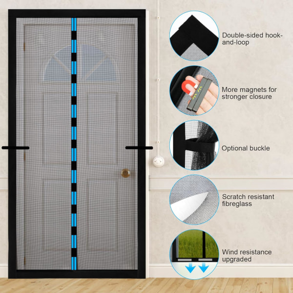 Magnetisk fluenettdør, myggnett for dører, glassfibernett med full ramme krok og lås, holder insekter ute 110x220cm