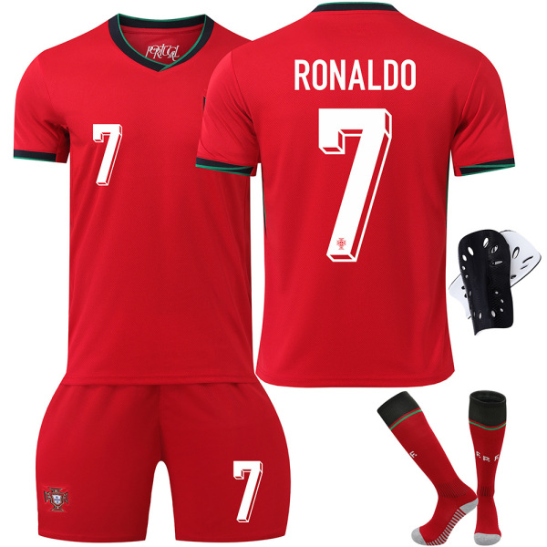 2024 Portugal fotbollströja nr 7 Ronaldo 8 B Fee 11 Phillips EM barn tröja set korrekt version Size 7 socks + protective gear 18 yards