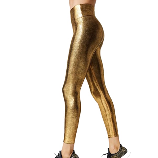 Metalliske leggings til kvinder med høj talje, skinnende bukser, leggings, guld gold S