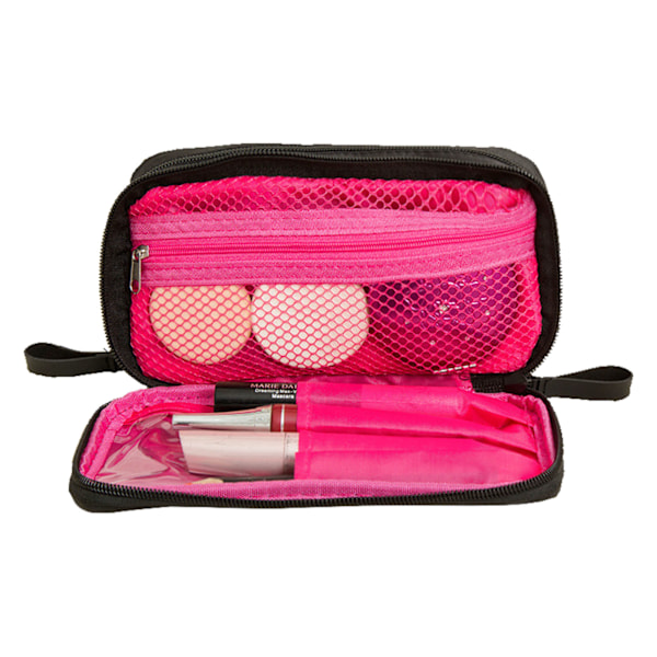 Makeup taske med dobbelt lynlås lukning sort indvendig pink rum