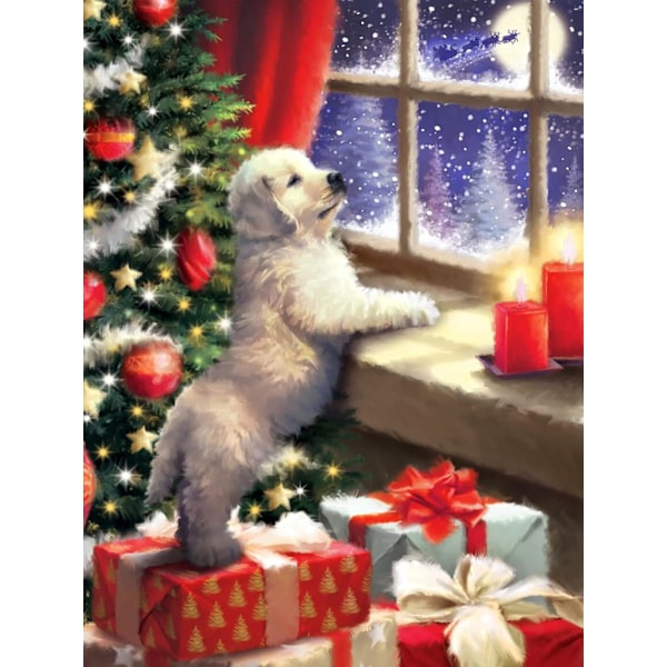 (30x40cm) DIY Diamantmålning Julhund Kit, 5D Julbroderi Diamantmålning Full Kit A