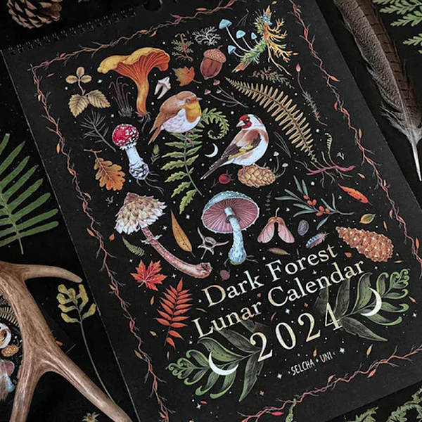 12 X 8 tum Mörk Skog Lunar Kalender 2024 innehåller 12 original