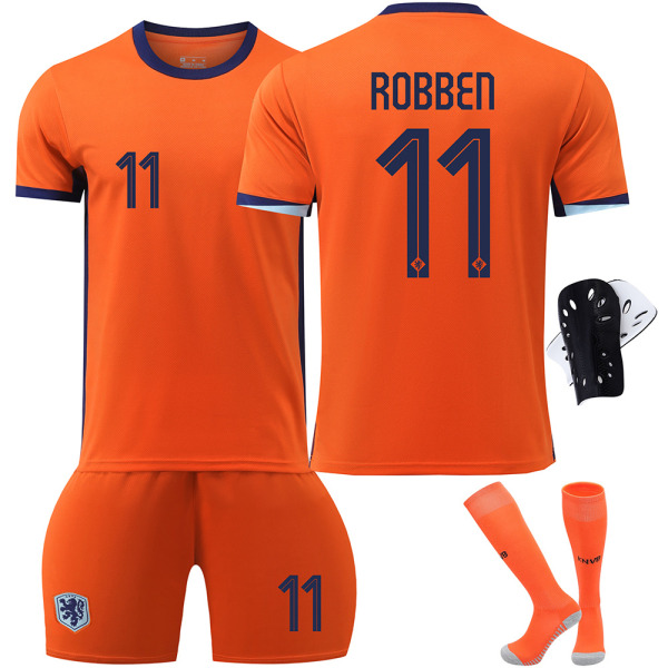 2024 Nederländernas hemmatröja för fotboll nr 4 Van Dijk 10 Depay 11 Robben 21 De Jong set EM-tröja No. 11 with socks + protective gear #L