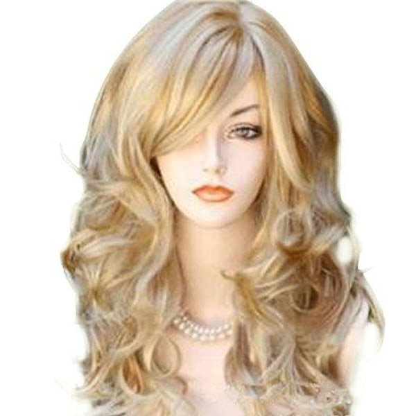 Sexy blonde wavy wig, long bangs wig for women