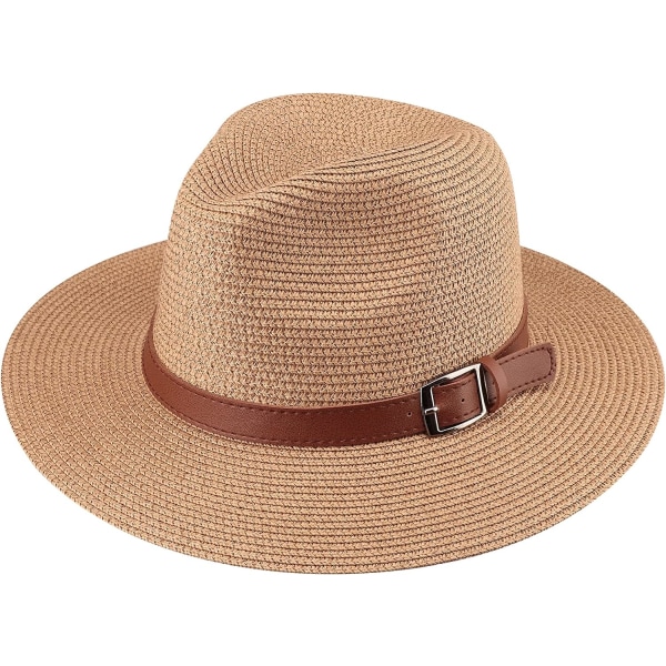 Damer Straw Panama Hat Fedora Beach Sol Hat Bred Brätte Straw Roll up Hat UPF 50+ 1 Pc Buckle Belt Khak 1 Pc Buckle Belt Khaki One Size